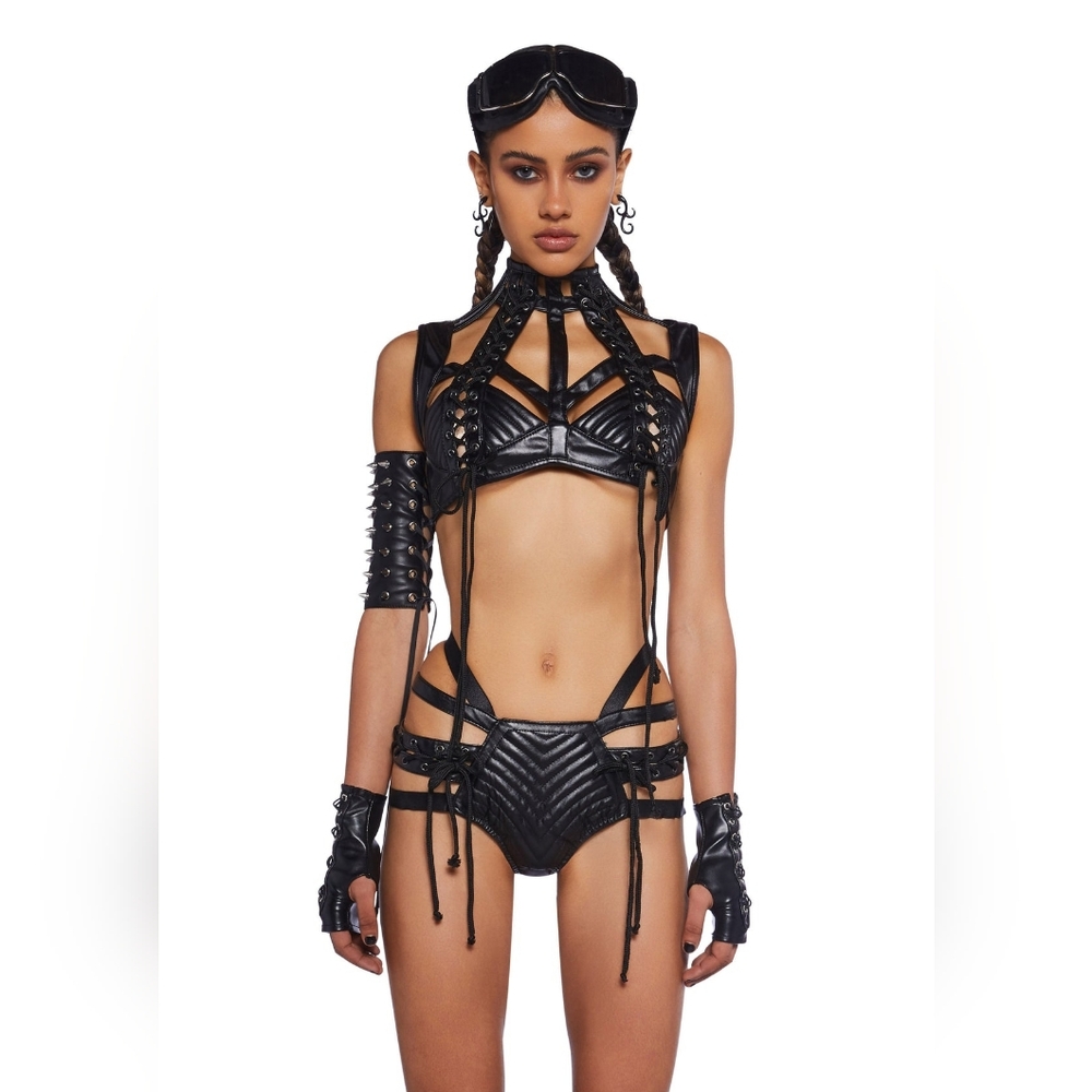 Club Exx Black Strappy Leather Lingerie Set